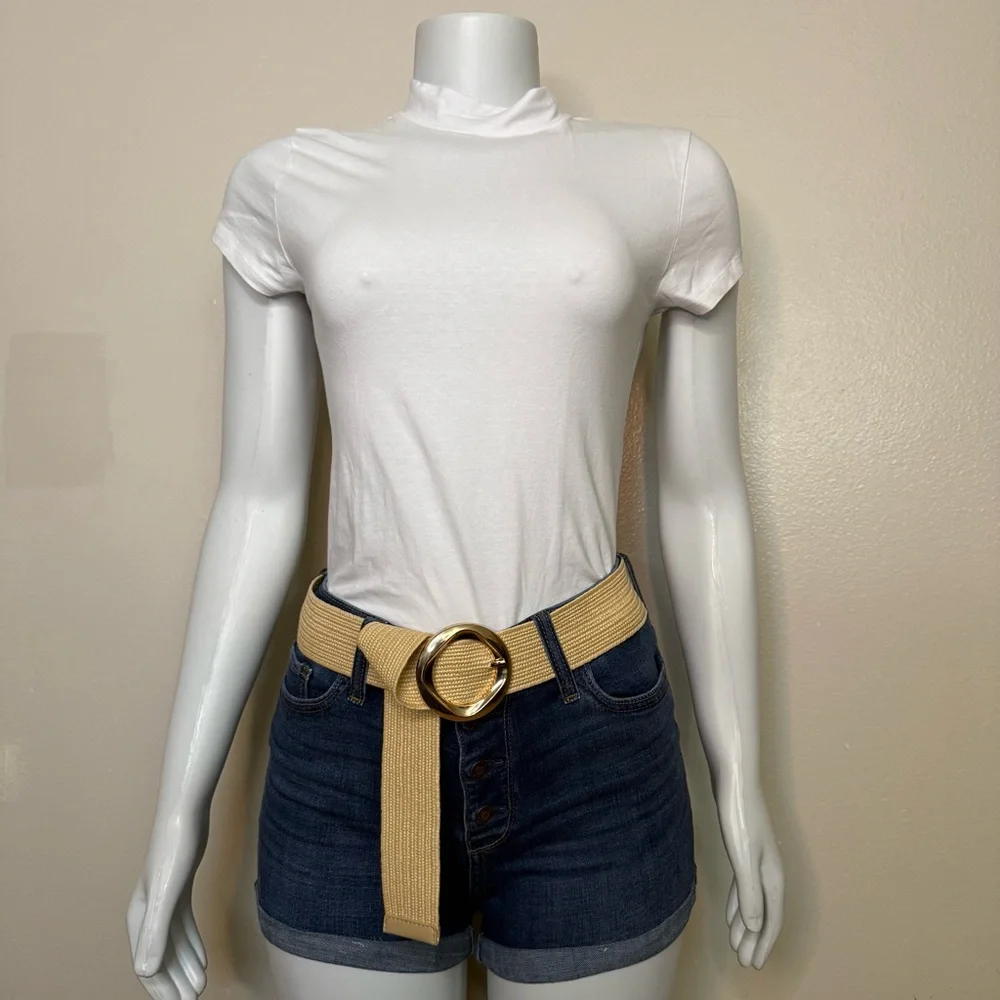 Beige paper stretchy waistband belt with gold tone circle buckle - Picture 3 of 8